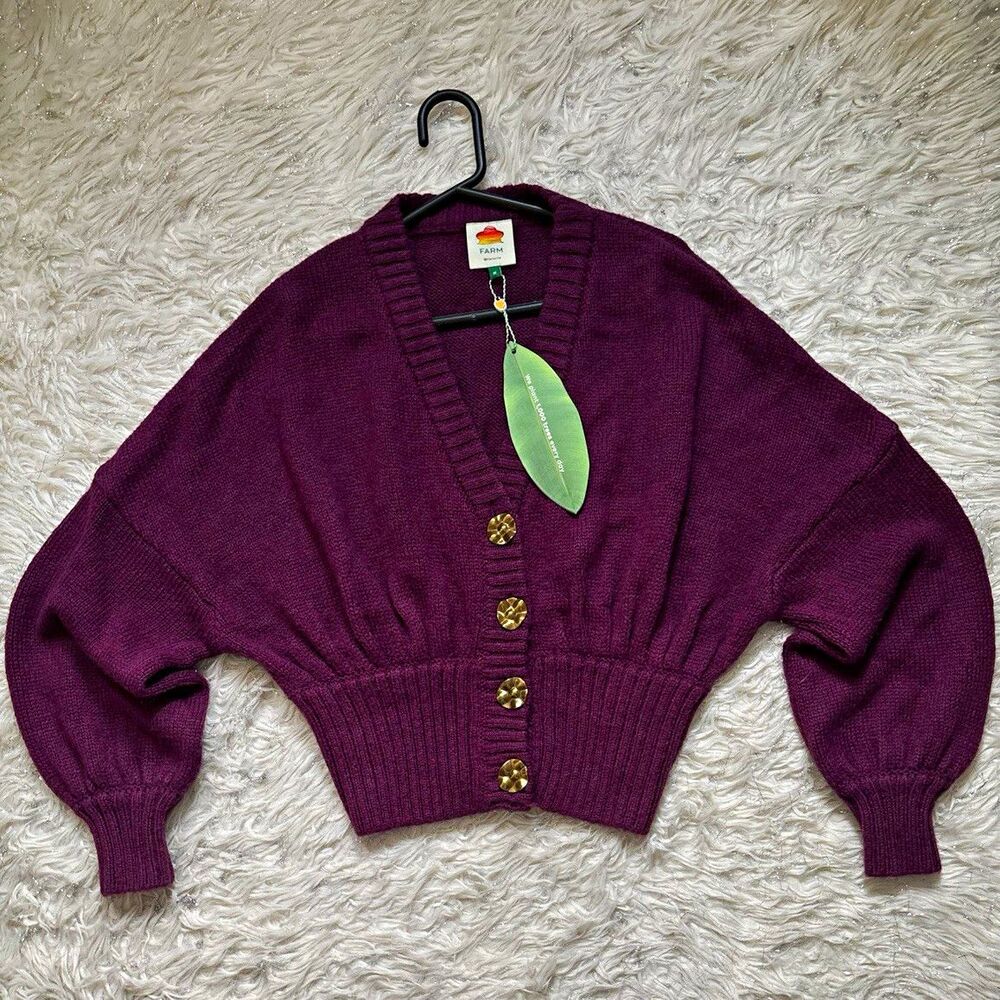 FARM Rio Burgundy Rib-Knit Button Front V-Neck Balloon Sleeve Women’s Cardigan M